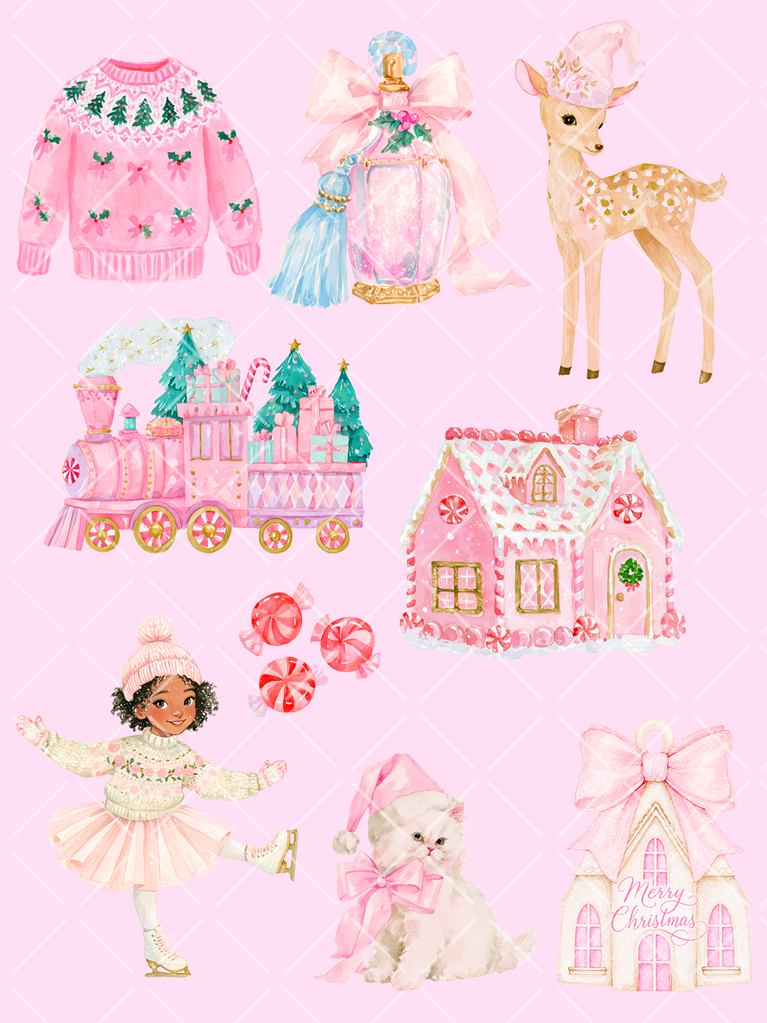 Pink Christmas Watercolor Clipart Bundle - 72 PNG Files