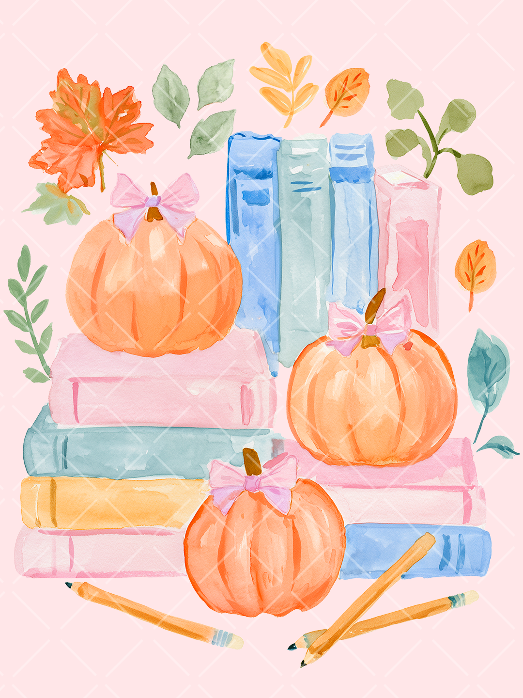 Preppy Fall Pumpkin Book Stack Watercolor PNG Design