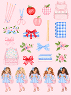 Watercolor school clipart collection with five diverse girls, pink backpacks, apples, books, bows, flowers, pencils, scissors, ruler, and blue gingham notebook.