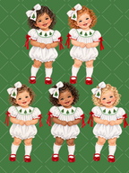 Five illustrated toddler girls in white Christmas rompers with tree details, white hair bows, red ribbon accents, and red shoes on a green preview background.