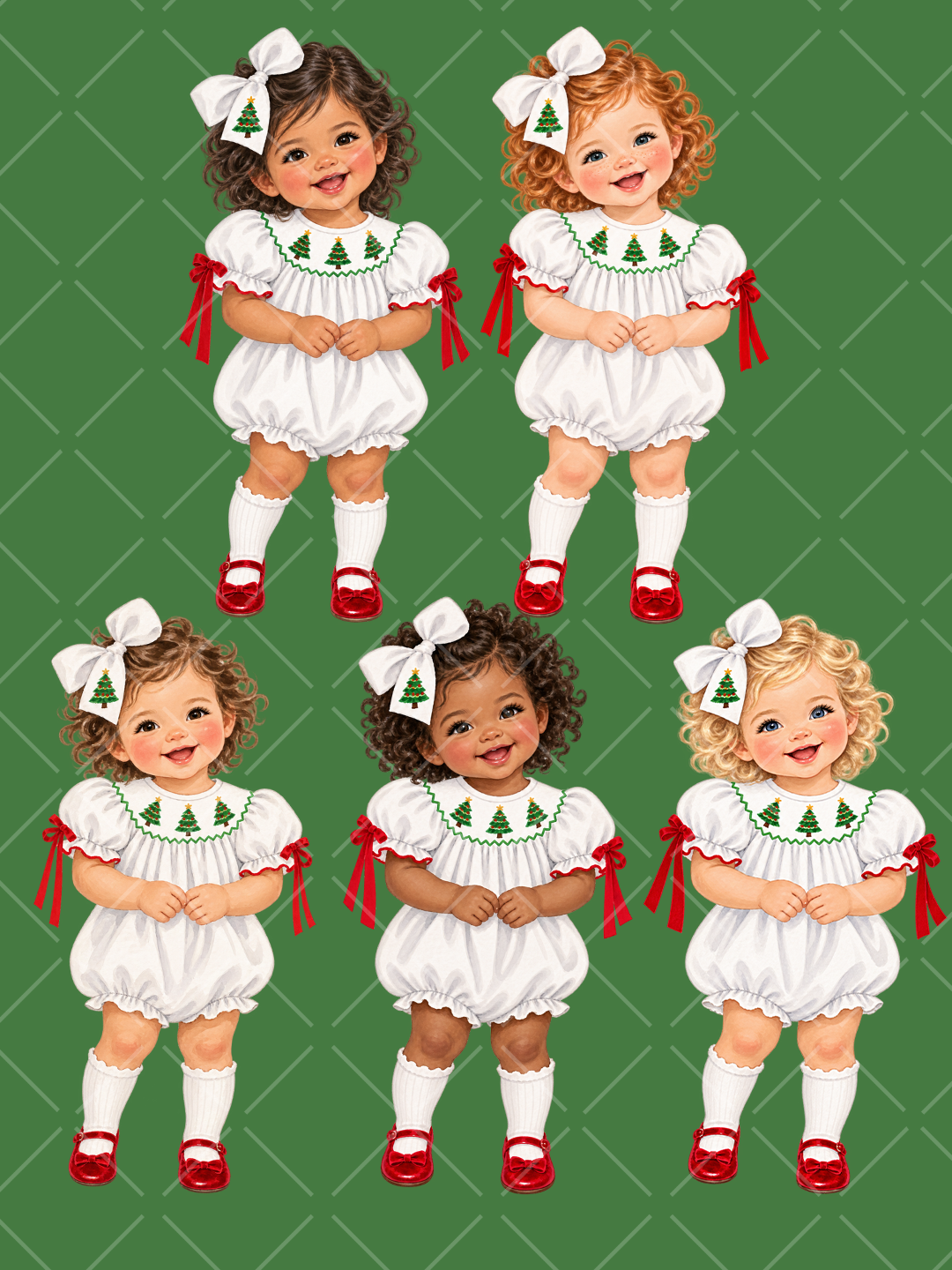 Five illustrated toddler girls in white Christmas rompers with tree details, white hair bows, red ribbon accents, and red shoes on a green preview background.