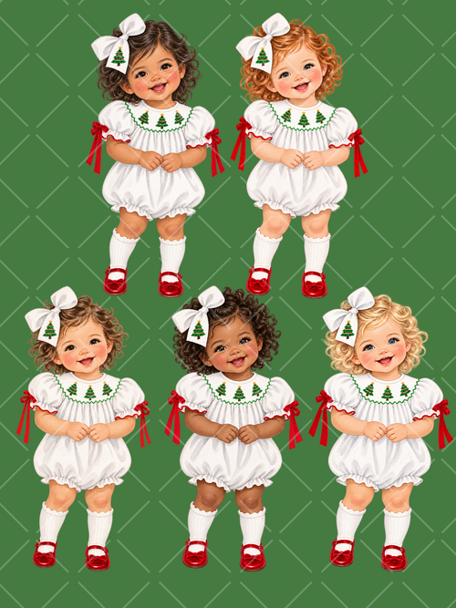 Five illustrated toddler girls in white Christmas rompers with tree details, white hair bows, red ribbon accents, and red shoes on a green preview background.