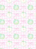 Watercolor green apples and pink ribbon bows arranged across a soft pink gingham seamless pattern