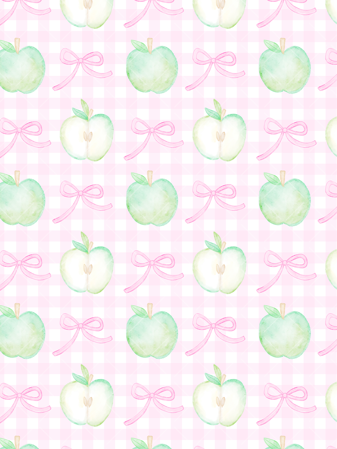 Watercolor green apples and pink ribbon bows arranged across a soft pink gingham seamless pattern