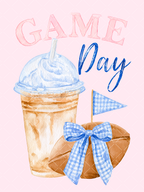 Watercolor Game Day design with pink and blue lettering, iced coffee, football, blue gingham bow, and coordinating pennant flag.