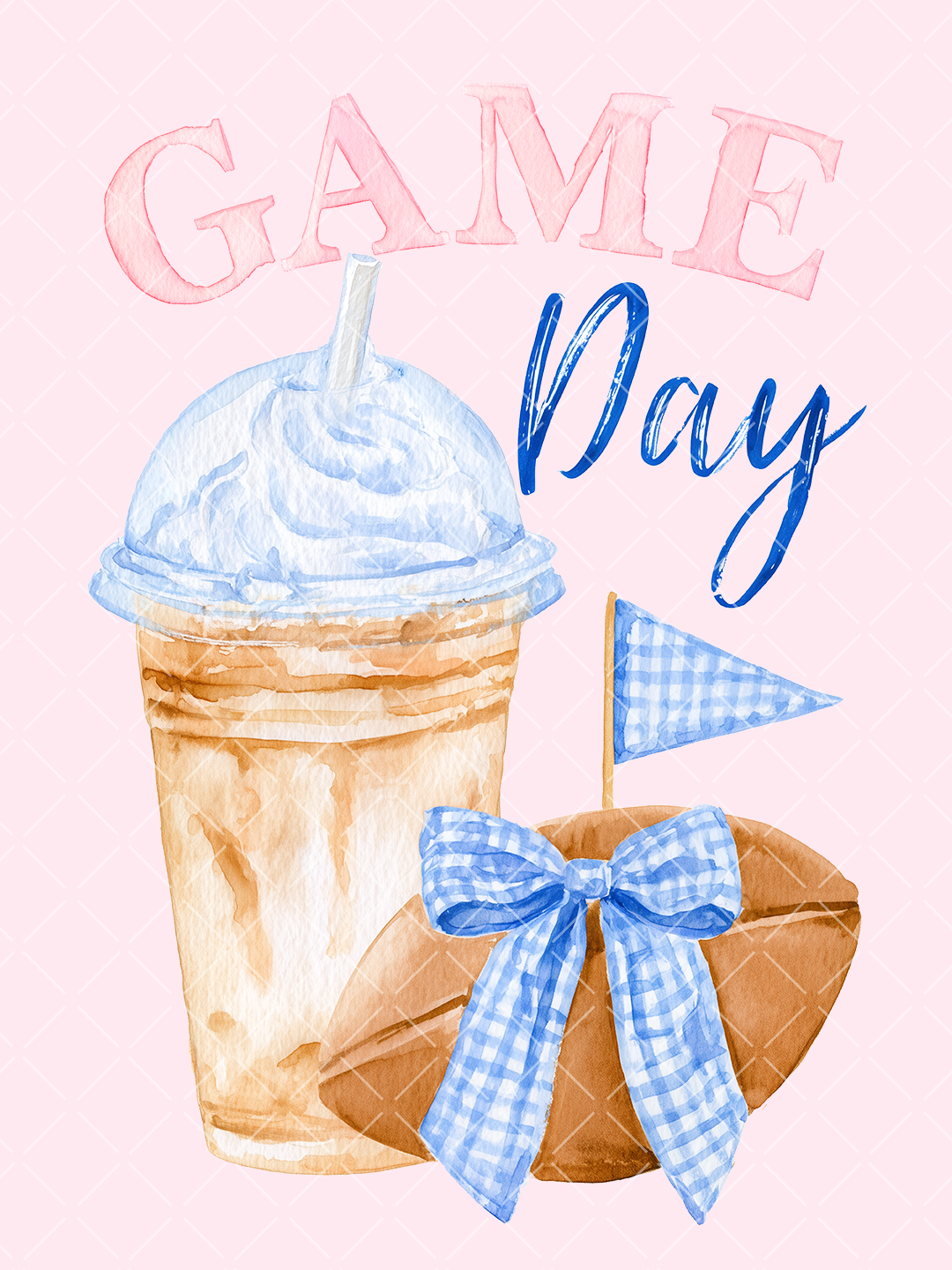 Watercolor Game Day design with pink and blue lettering, iced coffee, football, blue gingham bow, and coordinating pennant flag.