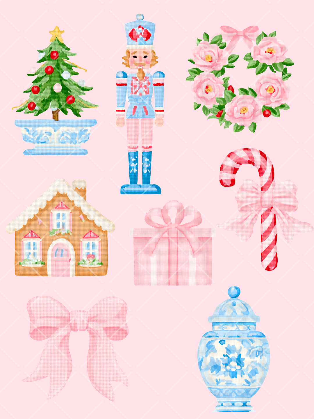 Eight preppy Christmas needlepoint-style illustrations featuring a nutcracker, decorated tree, floral wreath, gingerbread cottage, pink bows, candy cane, gift, and blue-and-white ginger jar.