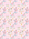 Pink striped watercolor Christmas pattern with pastel Santa figures, floral ice skates, rocking horses, twisted candles, and gold stars.