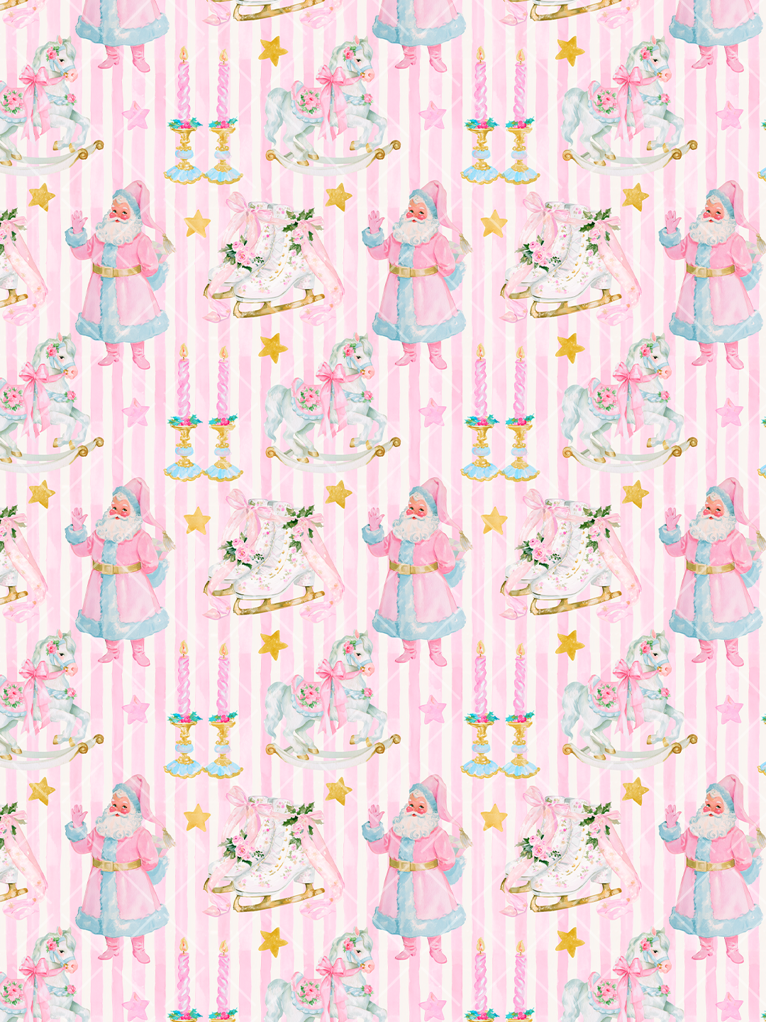 Pink striped watercolor Christmas pattern with pastel Santa figures, floral ice skates, rocking horses, twisted candles, and gold stars.