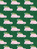 Watercolor seamless pattern of pink vintage cars carrying Christmas trees with blue bows on a dark green lattice background