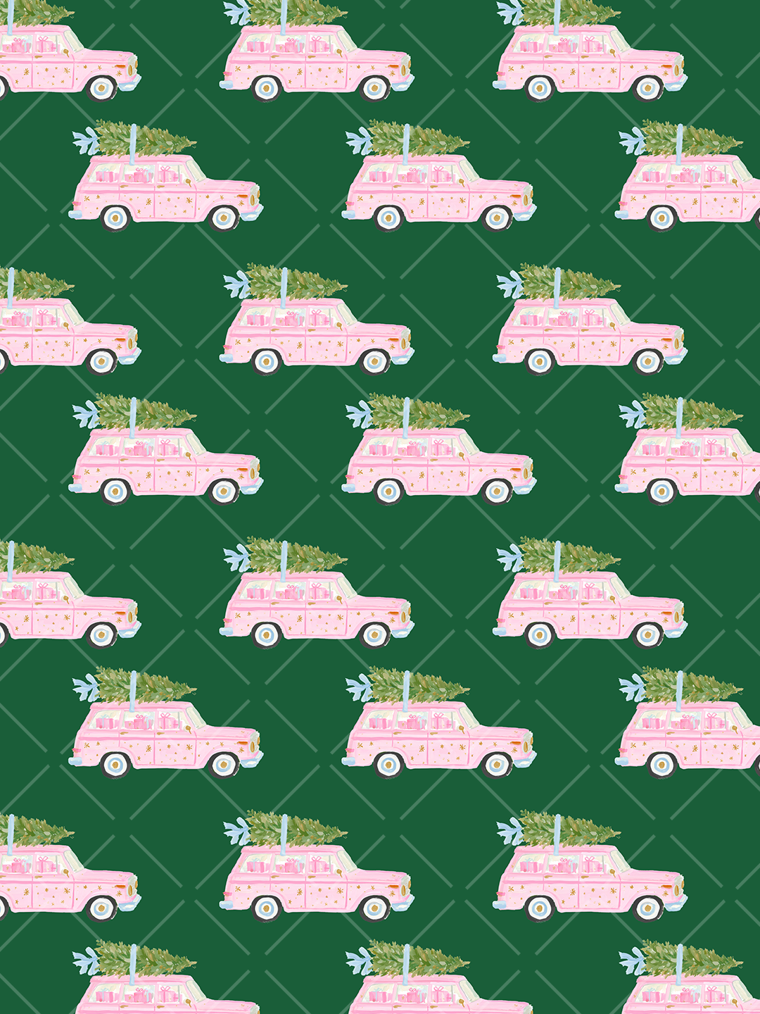 Watercolor seamless pattern of pink vintage cars carrying Christmas trees with blue bows on a dark green lattice background