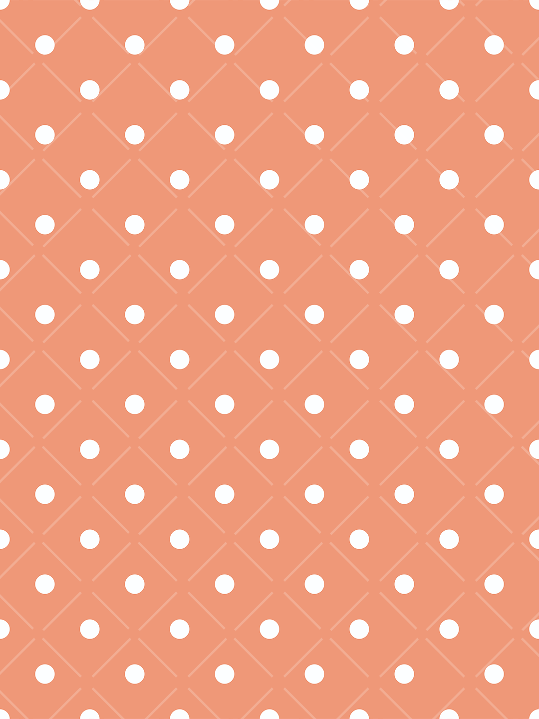 Peach-orange seamless geometric pattern with white polka dots and fine diagonal lattice lines