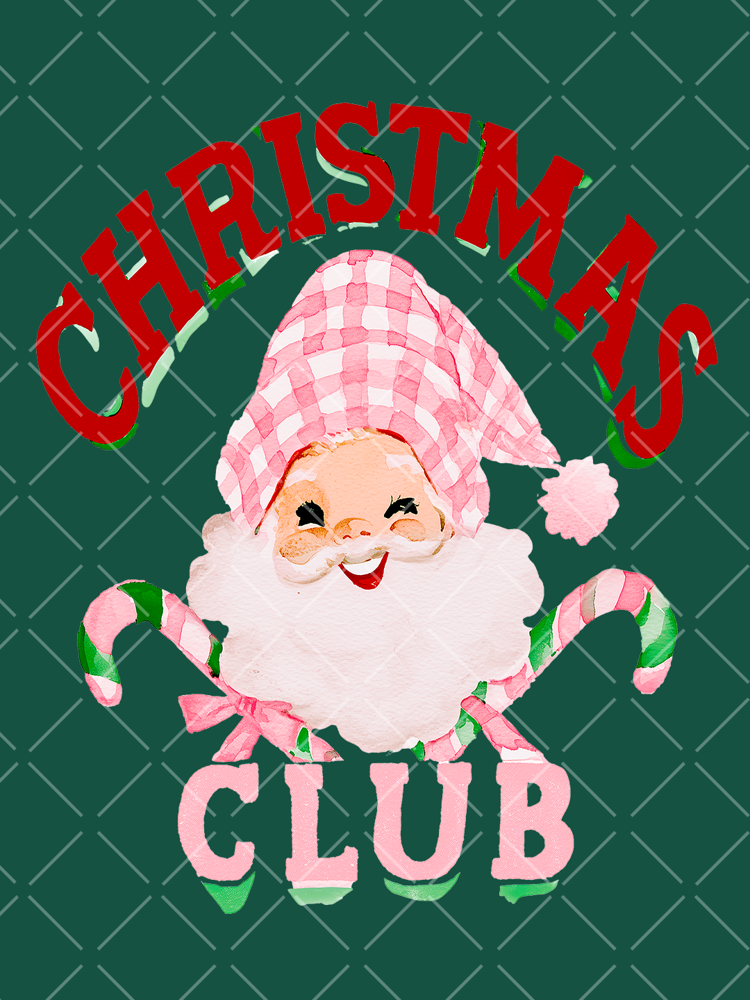 Hand-painted watercolor Christmas Club design with a smiling Santa in a pink gingham hat, striped candy canes, bows, and red and pink lettering.