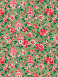 Pink and green chinoiserie seamless pattern with floral pagodas, ginger jars, birds, peonies, flowering branches, and a soft green trellis background.