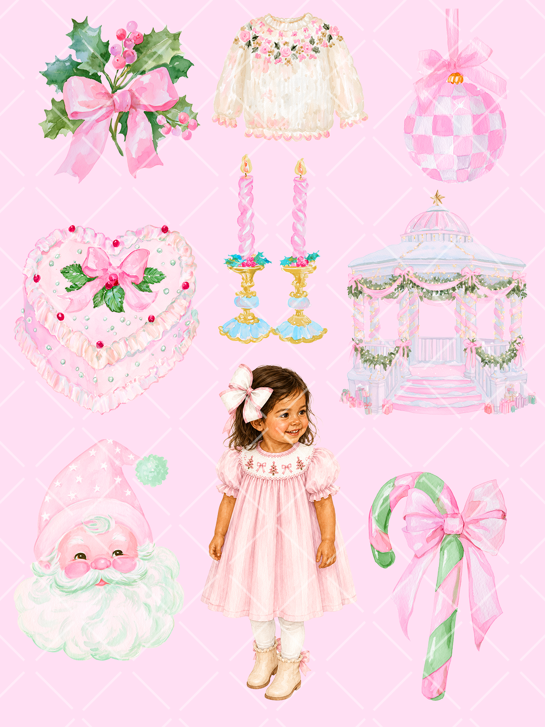 Pink Christmas Watercolor Clipart Bundle - 72 PNG Files