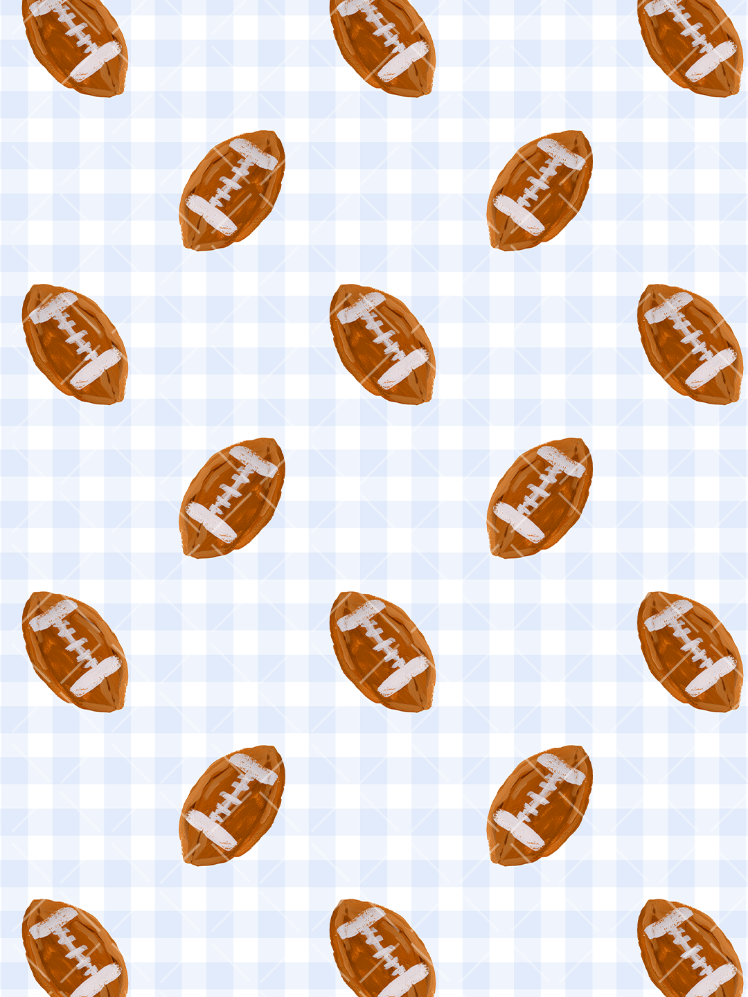 Painterly brown footballs on a soft blue and white gingham seamless pattern background