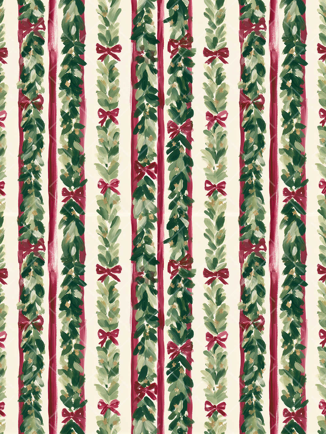 Painterly Christmas seamless pattern with vertical evergreen garlands, red bows, red stripes, and soft green foliage on a cream background.