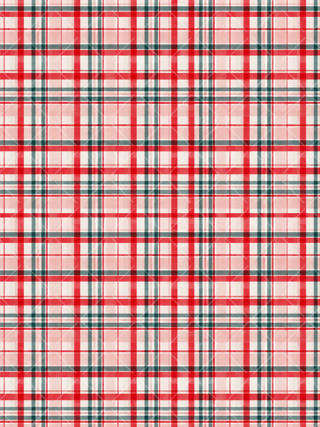 Seamless Christmas tartan plaid with broad red stripes, deep green lines, soft pink details, and a warm cream background
