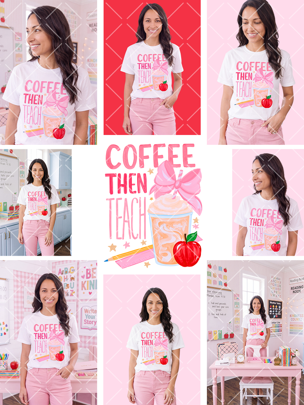 Pink watercolor-style Coffee Then Teach design with iced coffee, oversized bow, red apple, pencil, ruler, and stars, shown with styled shirt mockups.