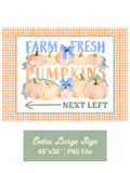 Printable Farm Fresh Pumpkin Patch sign with peach and cream watercolor pumpkins, blue gingham bows, an orange gingham border, and a left arrow reading Next Left.