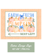 Printable Farm Fresh Pumpkin Patch sign with peach and cream watercolor pumpkins, blue gingham bows, an orange gingham border, and a left arrow reading Next Left.