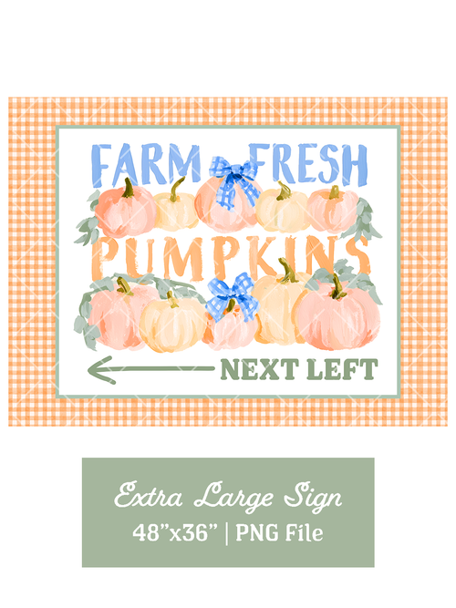 Printable Farm Fresh Pumpkin Patch sign with peach and cream watercolor pumpkins, blue gingham bows, an orange gingham border, and a left arrow reading Next Left.