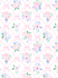 Watercolor seamless pattern with pink ribbon bows, floral bouquets, and a twisted trellis on a white background.