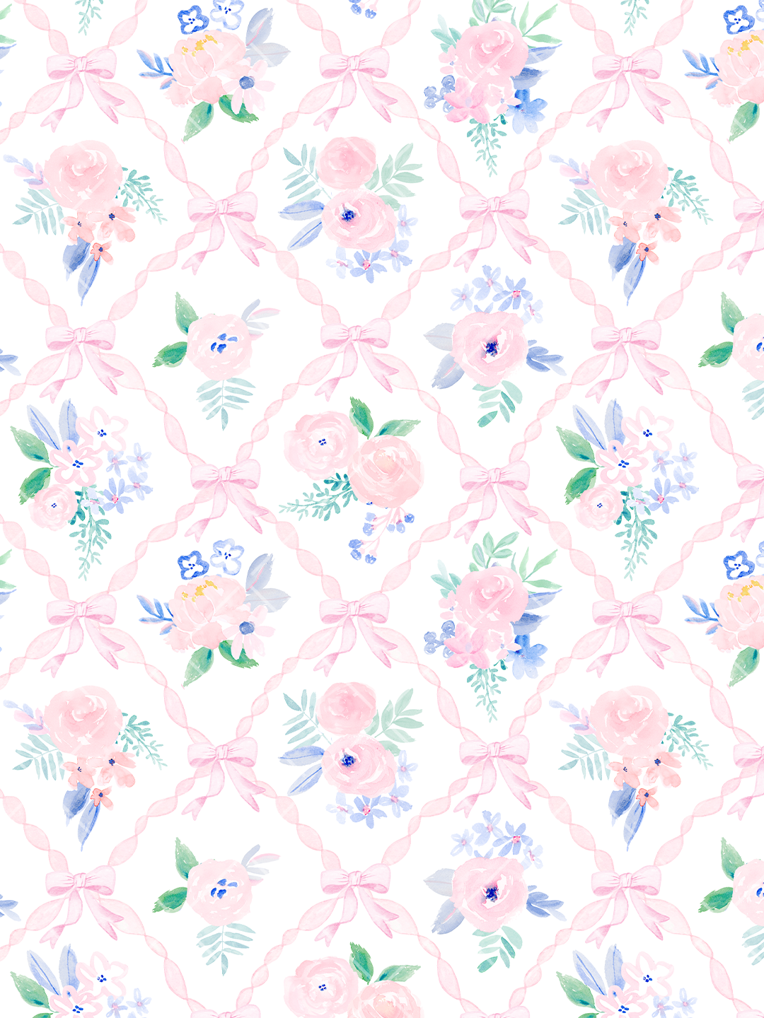 Watercolor seamless pattern with pink ribbon bows, floral bouquets, and a twisted trellis on a white background.