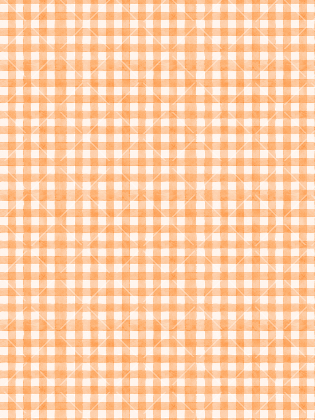 Hand-painted orange and white watercolor gingham seamless pattern with softly textured checks and layered brush marks.