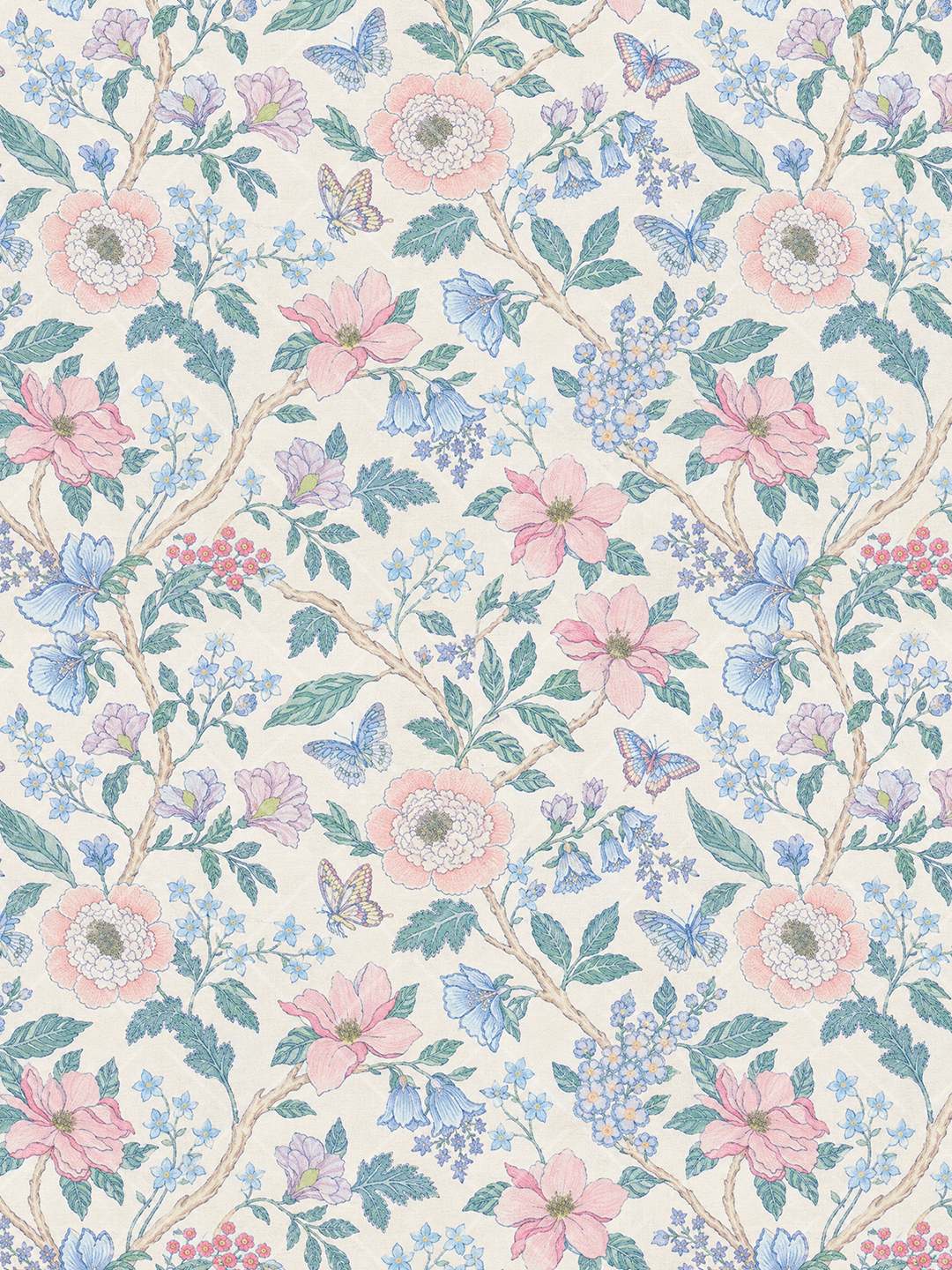 Watercolor-style seamless pattern of pink and blue flowers, leafy branches, bluebells, and butterflies on a warm cream background