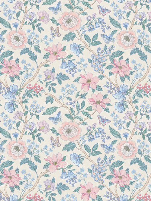 Watercolor-style seamless pattern of pink and blue flowers, leafy branches, bluebells, and butterflies on a warm cream background