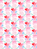 Watercolor seamless pattern with pink and red heart balloon bouquets, gingham bows, pale roses, and mint leafy sprigs on white.