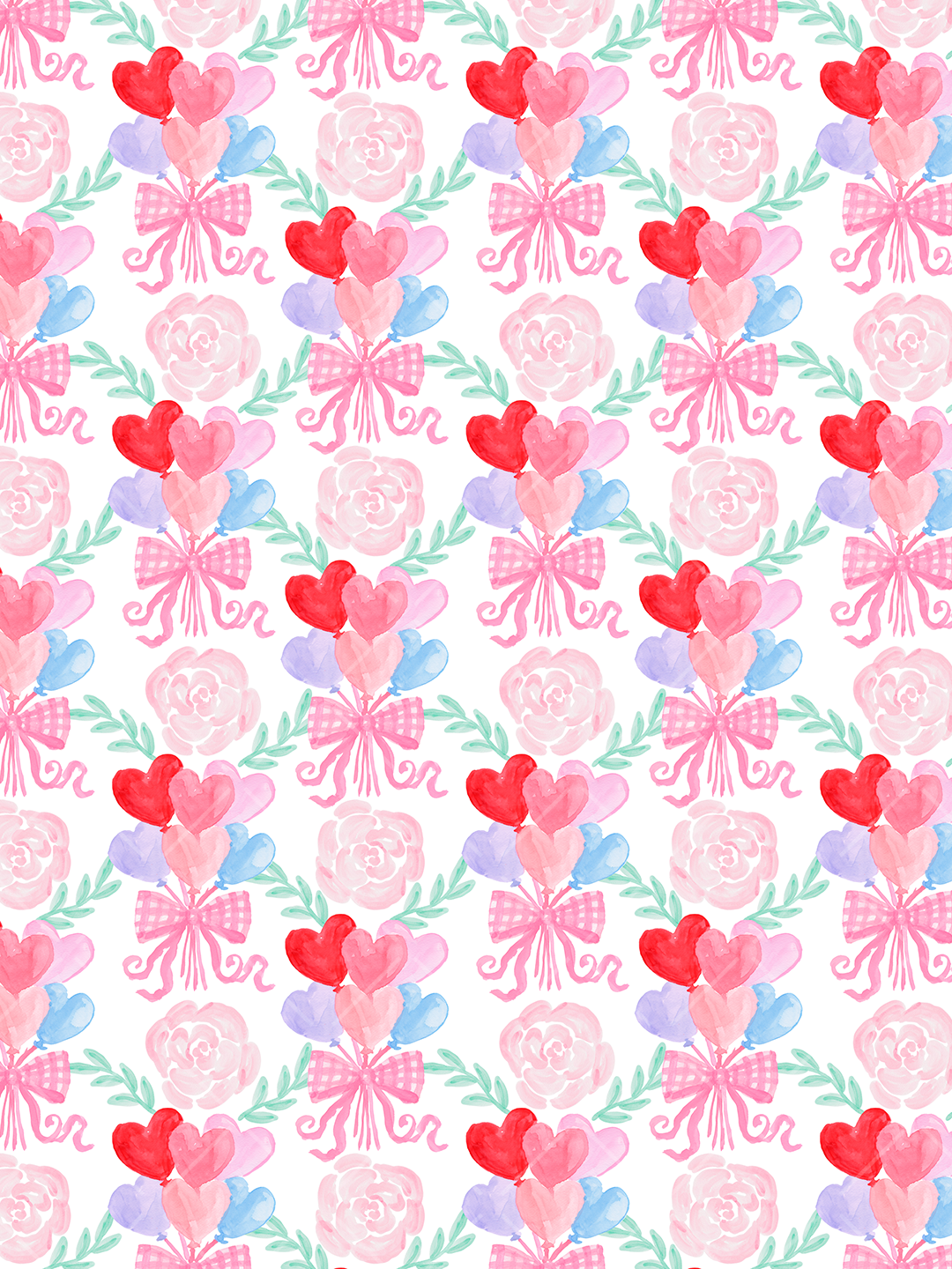 Watercolor seamless pattern with pink and red heart balloon bouquets, gingham bows, pale roses, and mint leafy sprigs on white.