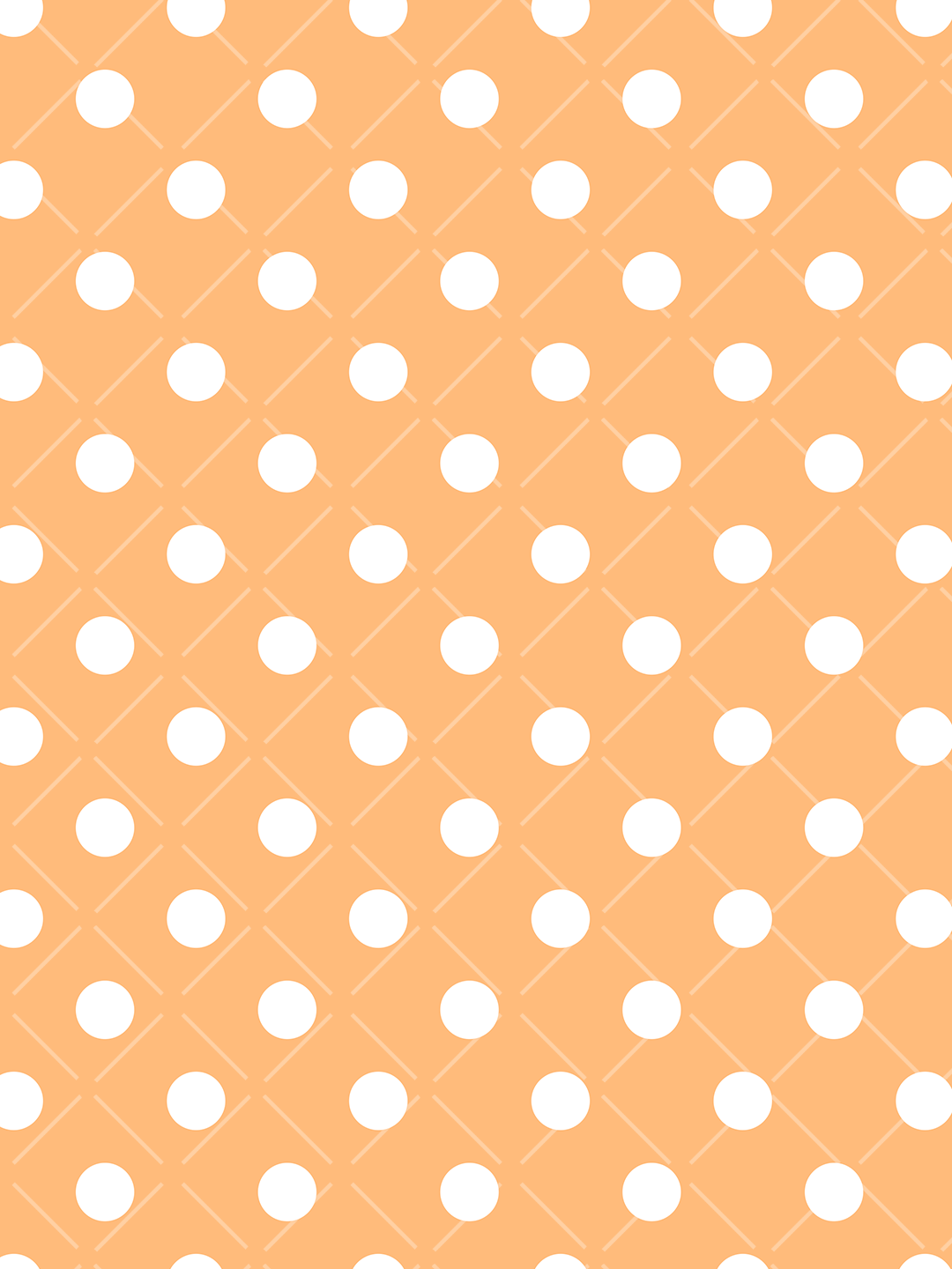 Seamless pattern with large white polka dots and thin diagonal lattice lines on a warm orange background