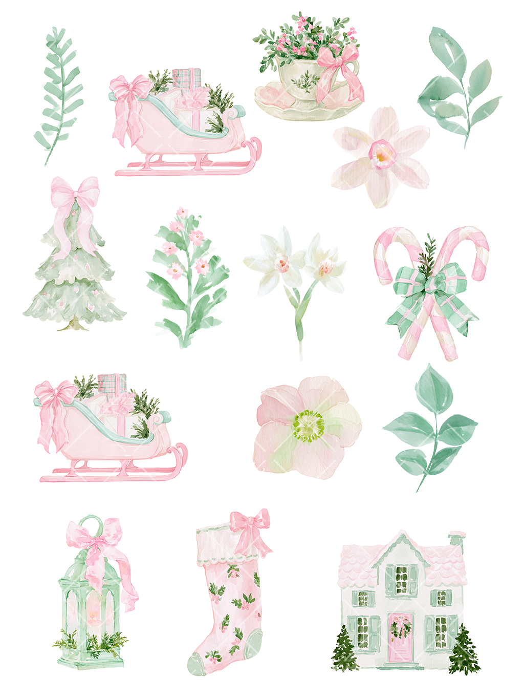 Pink Christmas Watercolor Clipart Set – 28 PNG Files