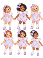Six watercolor toddler girls with diverse skin tones and curly hairstyles wearing pastel Valentine patchwork rompers, lavender bows, and purple shoes.