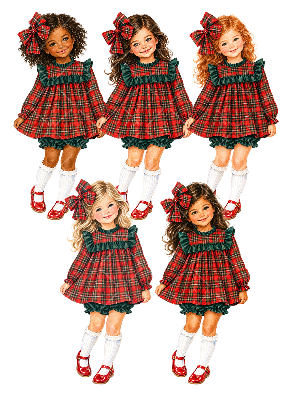 Multicultural Christmas Tartan Girls Clipart Set