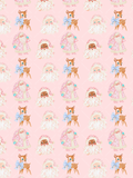 Pink seamless Christmas pattern with vintage Santa portraits, spotted deer wearing blue gingham bows, and a subtle diamond background.