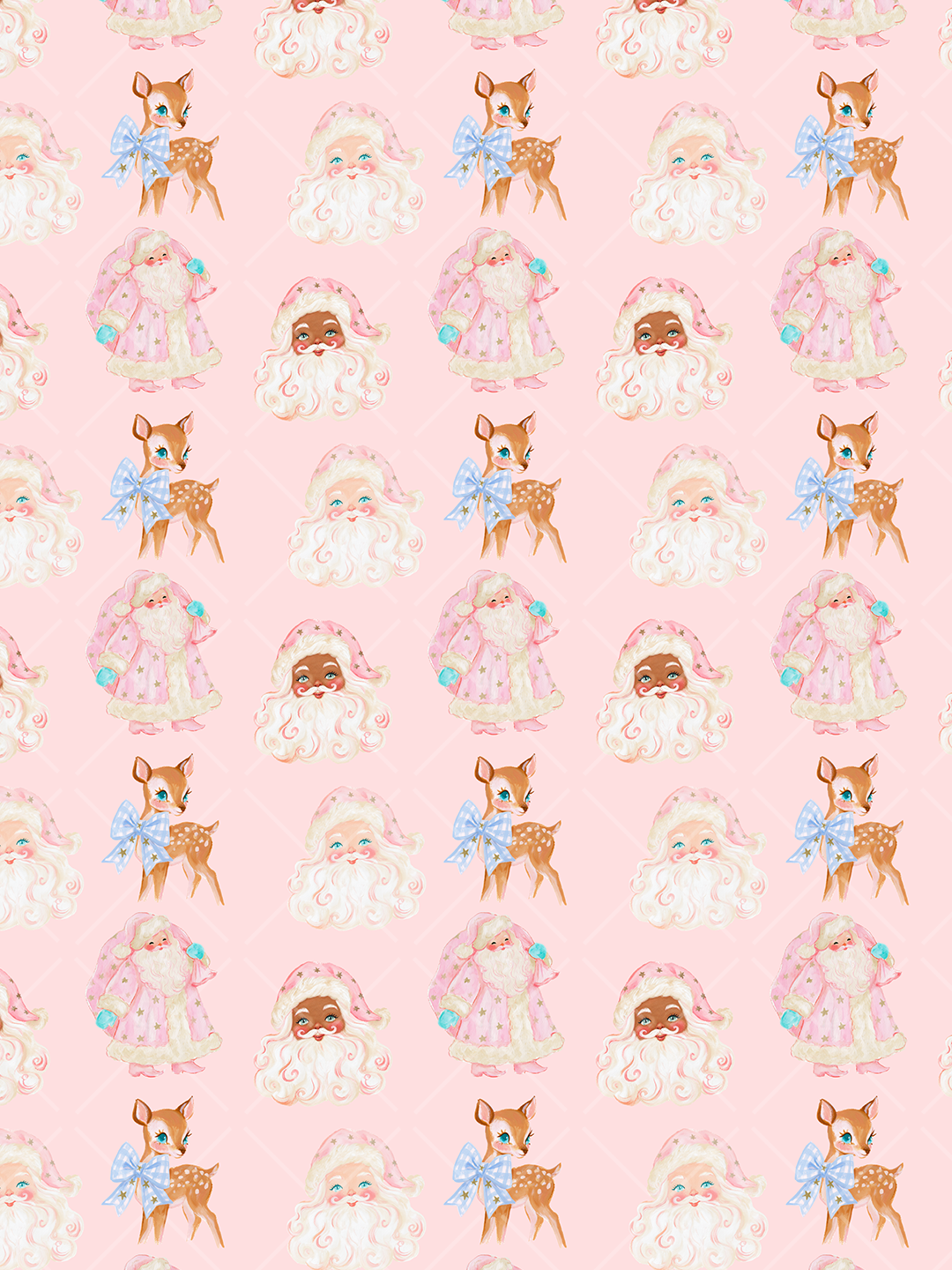 Pink seamless Christmas pattern with vintage Santa portraits, spotted deer wearing blue gingham bows, and a subtle diamond background.