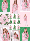 Watercolor grid of nine green Christmas trees decorated with pink ornaments and oversized pink bows, shown with styled pink sweatshirt mockups.