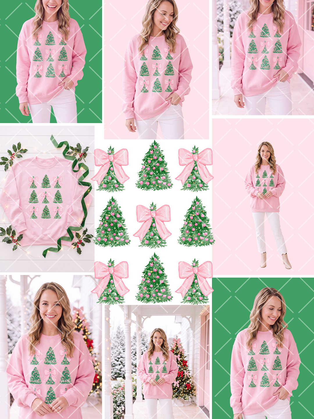 Watercolor grid of nine green Christmas trees decorated with pink ornaments and oversized pink bows, shown with styled pink sweatshirt mockups.