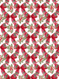 Seamless watercolor Christmas pattern with large red tartan bows, green holly leaves, and red berries on a white background.