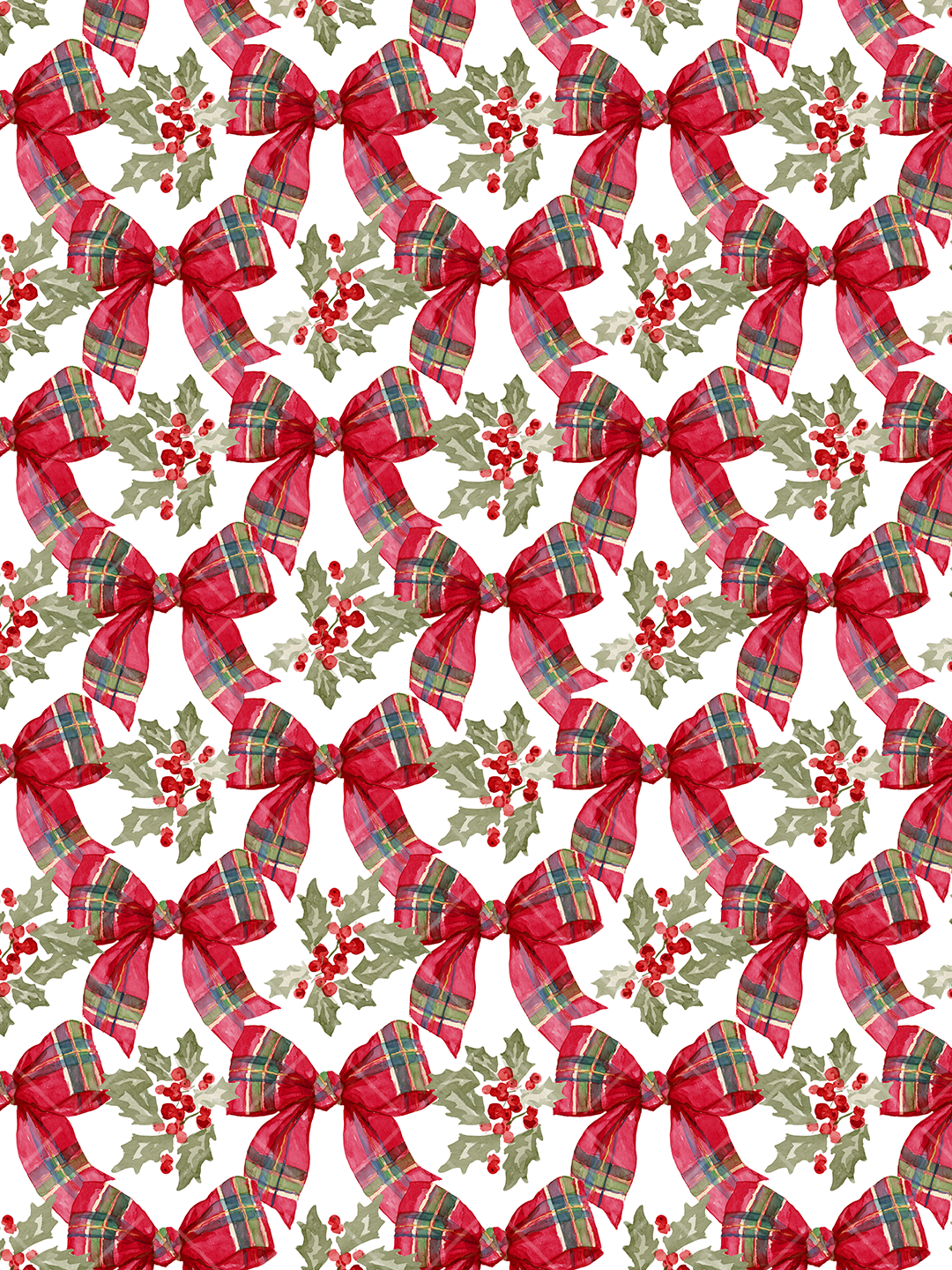 Seamless watercolor Christmas pattern with large red tartan bows, green holly leaves, and red berries on a white background.