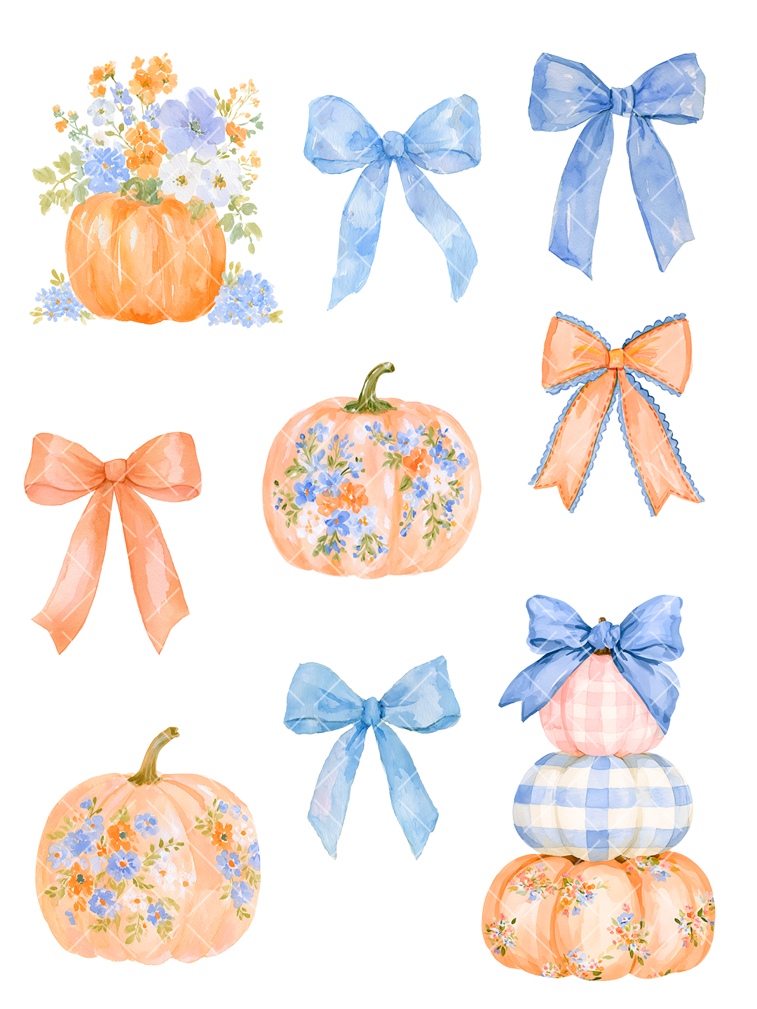 Nine watercolor fall clipart elements featuring orange floral pumpkins, blue and orange bows, gingham details, and a stacked pumpkin arrangement.
