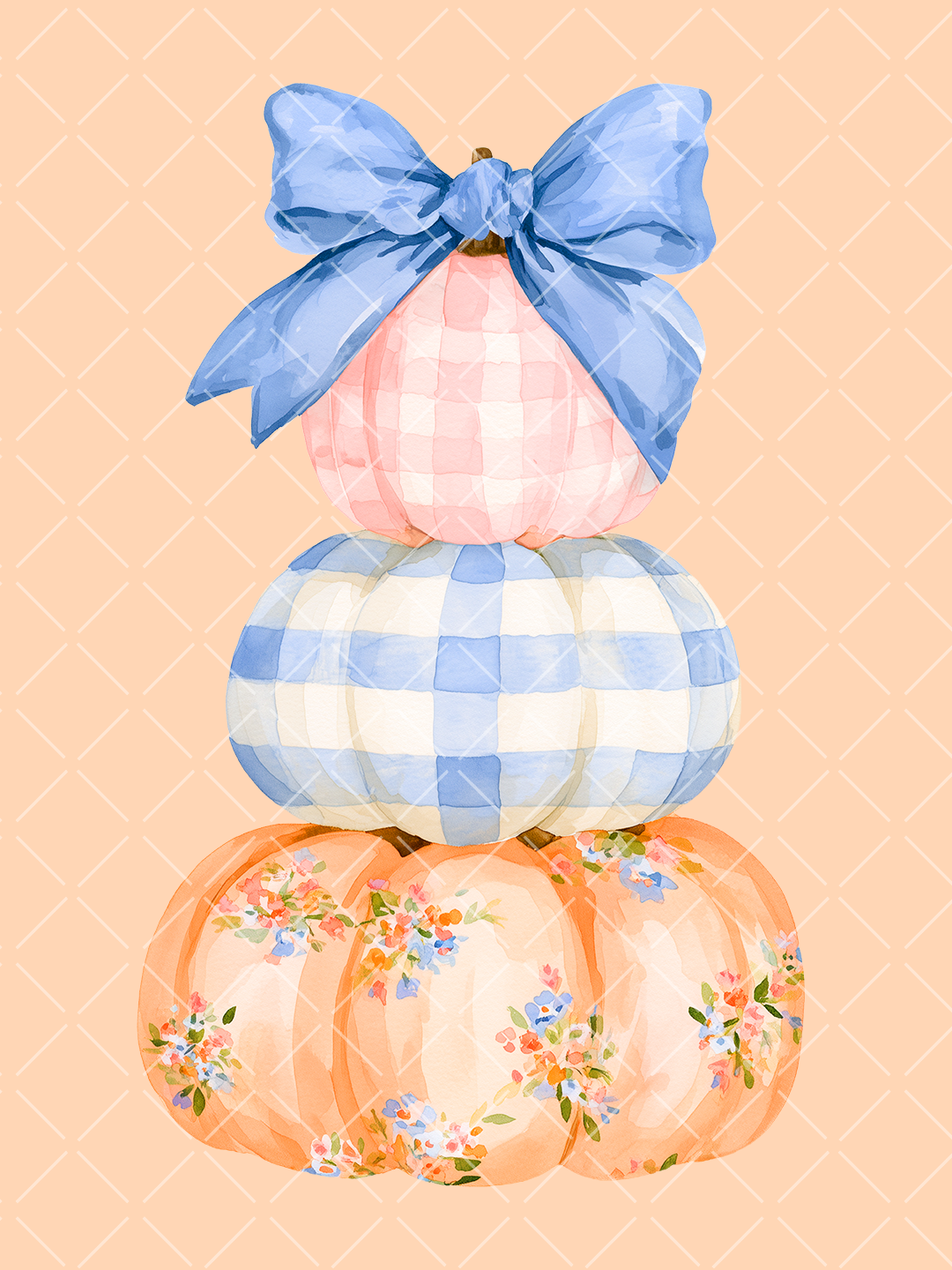 Watercolor stack of floral peach, blue gingham, and pink pumpkins topped with an oversized blue bow.