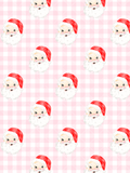 Watercolor Santa faces with red hats and white beards repeated over a soft pink-and-white gingham background.