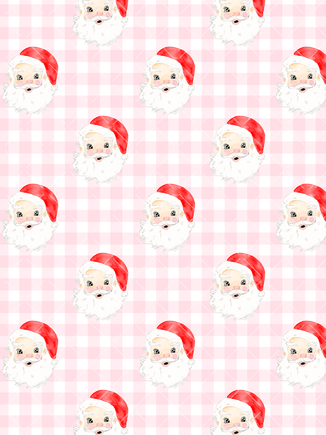 Watercolor Santa faces with red hats and white beards repeated over a soft pink-and-white gingham background.