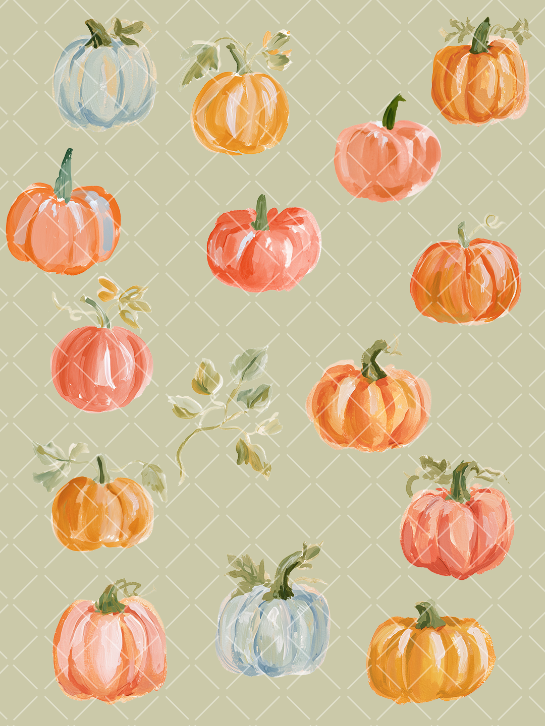 Watercolor fall clipart collection featuring orange, coral, pink, and pale blue pumpkins with loose leafy botanical accents.