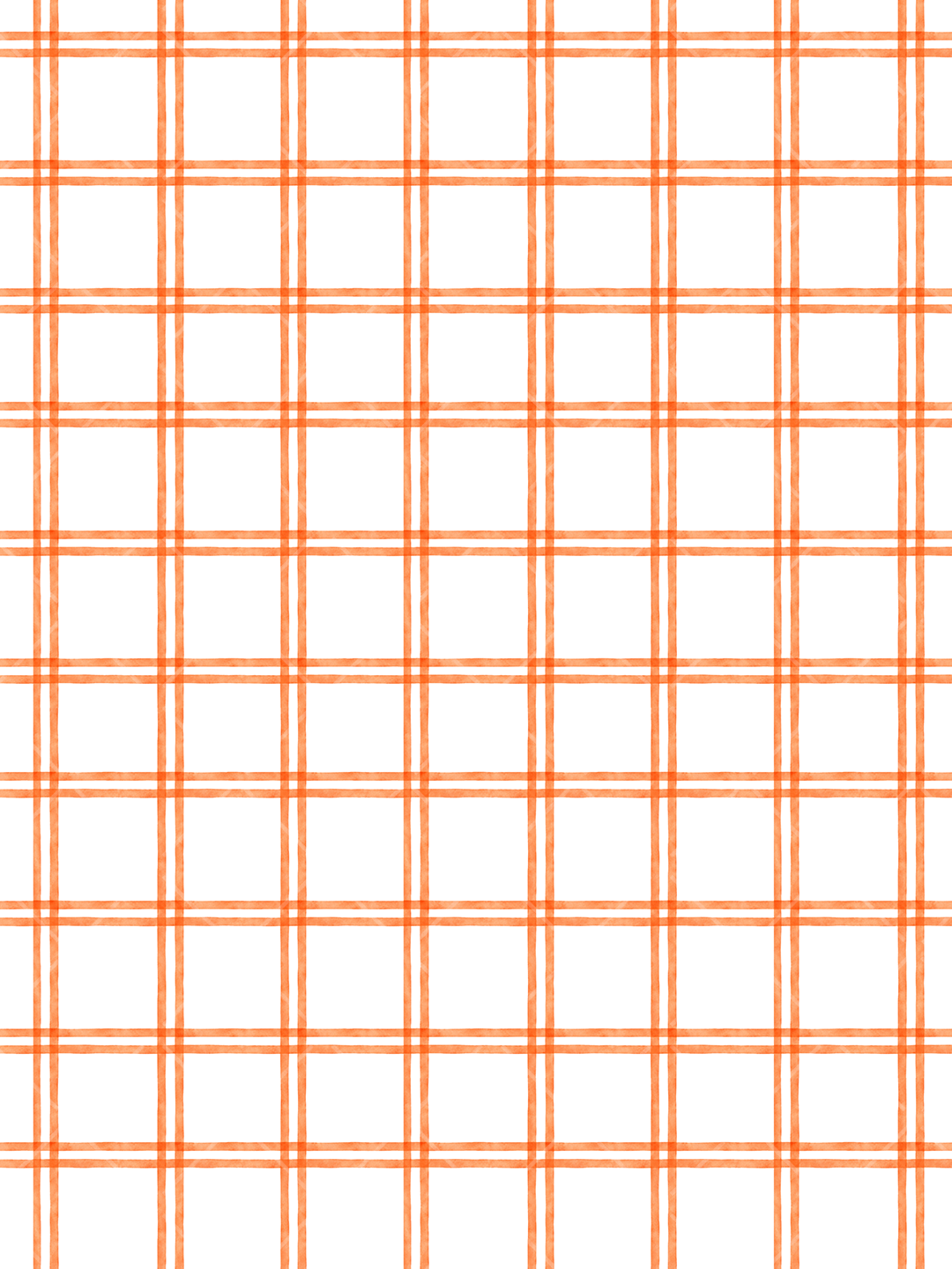 Seamless plaid pattern with softly textured orange watercolor lines crossing a white background