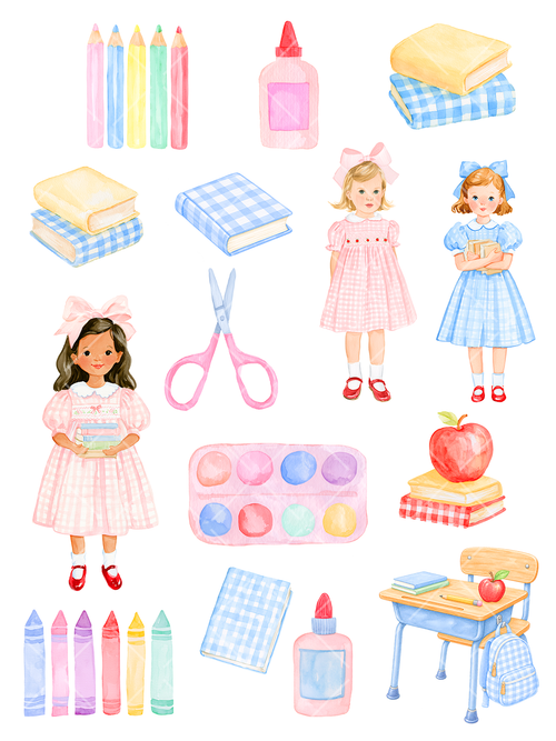 104-Piece Back to School Multicultural Watercolor Clipart